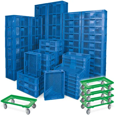 Produktbild von 78 Stück Stapelkörbe/Bäckerkästen in 5 Größen, Grundmaß LxB 600 x 400 mm, H 90 mm, 150 mm, 240 mm, 320 mm, 410 mm, Farbe blau + 5x Transportroller, grün