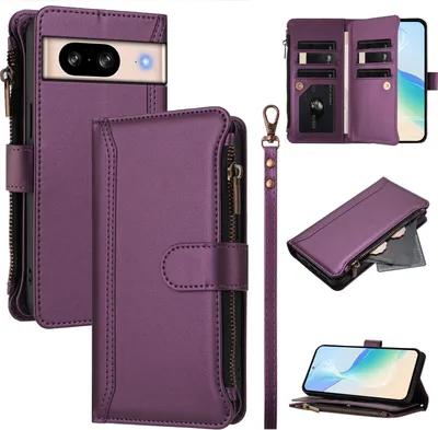 Image de Étui pour Google Pixel 8, étui à fermeture éclair en cuirPolyuréthaneavec poches pour cartes, support et boucle pour les mains Violet