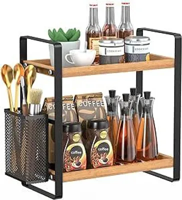Produktbild von Gewürzregal 2-stöckig, Küchenregal für Arbeitsplatte mit Seitenkorb, Gewürzregal-Organizer für Arbeitsplatte, Küche (Korb)