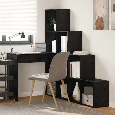 Zdjęcie produktu dla Biurko Narożne Z Półką Czarny Dąb 101,5 X 149,5 X 149,5 Cm Lumarko!