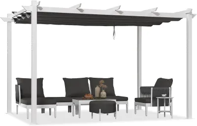 Produktbild von PURPLE LEAF Garten Pergola 3x4 m Aluminium Terrassenüberdachung, Weißer Rahmen mit grauem Schiebedach, stabiler Pavillon mit Markisenschutz