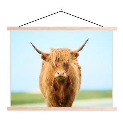 Produktbild von MuchoWow® Textilposter Schottischer Highlander - Haare - Gras 40x30 cm mit holzfarbenen Rahmen - Bilder