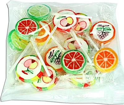 Produktbild von Rocks Lutscher, verschiedene bunte Frucht-Motive und Geschmacksrichtungen, 150g-Beutel
