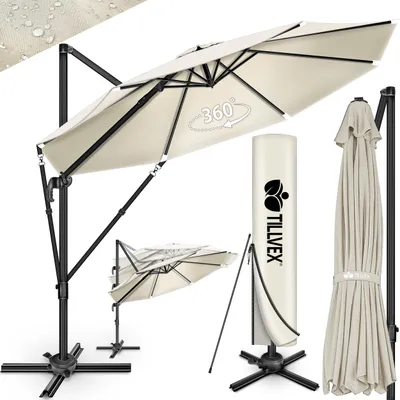 Produktbild von tillvex® Premium Alu Sonnenschirm 330 cm Beige + Abdeckung & Windsicherung | Ampelschirm 6-Fach Verstellbar mit Kurbel | Gartenschirm 360° Drehbar Neigbar Kippbar | Kurbelschirm UV50+ Groß wasserdicht