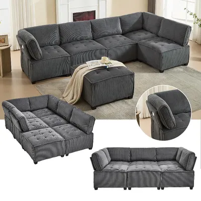 Produktbild von Modulares 6-Sitzer-Sofa aus Cord in Grau, flexibel als U-Form, L-Form oder Schlafsofa stellbar, mit Seitentaschen und Holz-Metallrahmen