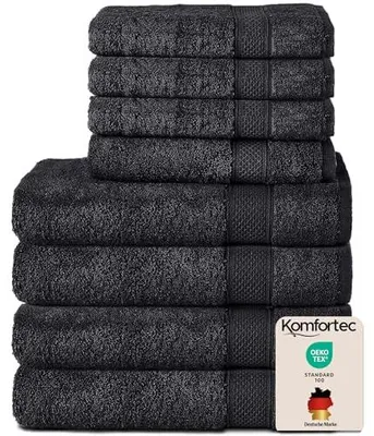 Produktbild von Komfortec 8er Handtuch Set aus 100% Baumwolle, 4 Badetücher 70x140 und 4 Handtücher 50x100 cm, Frottee, Weich, Towel, Groß, Schwarz