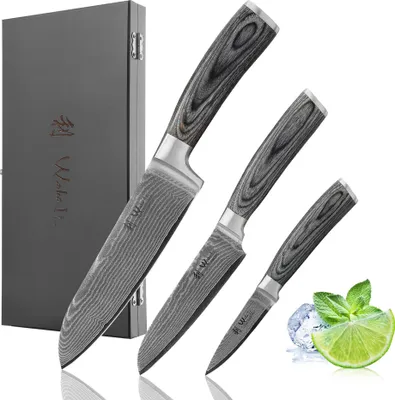 Produktbild von Wakoli EDIS 3er Damastmesser-Set I Holzbox I 8-17 cm Klinge I Pakkaholzgriffe