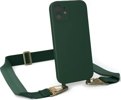 Produktbild von EAZY CASE Handykette Silikon mit Clips 2 in 1 kompatibel mit Apple iPhone 12 Handyhülle mit Kordel, Hülle mit Band, Kette, Grün - Clips Gold