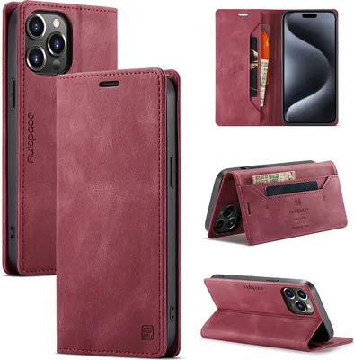 Produktbild von iPhone 15 Pro Max Brieftasche Hülle, Retro Kunstledertasche Stand Schutzhülle für iPhone 15 Pro Max Rot