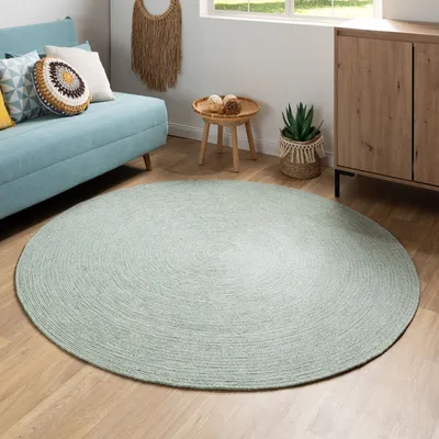 Produktbild von Steffensmeier Handweb Teppich Bali  | 100 % Baumwolle, Grün meliert, handgefertigt, Größe: Ø 150 cm | Flur, Eingangsbereich, Wohnzimmer