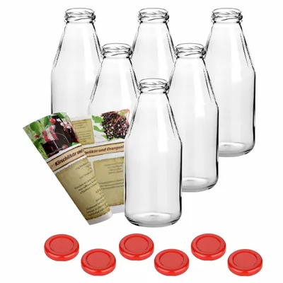 Produktbild von gouveo 6er Set Saftflasche 500 ml mit Schraub-Deckel rot - Kleine Glasflasche 0,5 l mit TO43 Verschluss - Leere Flasche zum Befüllen für Küche und Haushalt