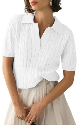 Produktbild von Damen-Kurzarmpullover mit Zopfmuster,einfarbig,mit Reverskragen und V-Ausschnitt,lässig,weich