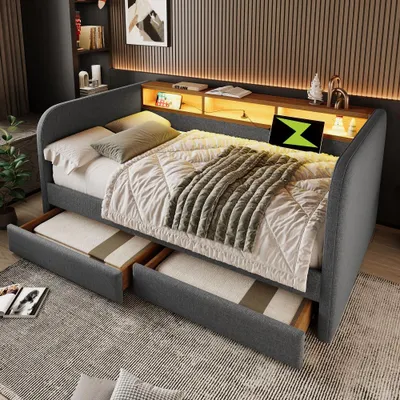 Produktbild von Polsterbett 140x190cm als Tagesbett, graues Leinenbett mit LED, USB 2 und Type C Anschluss, 2 Schubladen und Stauraum-Kopfteil