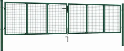 A green metal garden gate with mesh infill, shown against a white background.