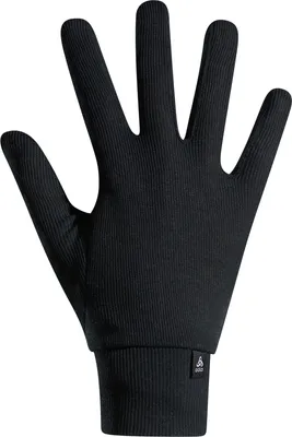 A black glove with fingers spread open, shown against a white background.