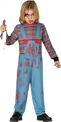 A child wearing a Chucky costume, holding a knife.