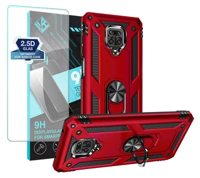 Produktbild von Armor Outdoor Handyhülle für Xiaomi Redmi Note 9 Pro Handy Panzer Case Schutzhülle mit 9H Displayglas Displayschutz Farbe: Rot