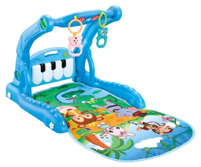 Produktbild von Buxibo 2in1 Baby Gym/Baby Walker – Klavierspielmatte für Babys – Musikspielmatte mit Ratsche und Spiegel – Blau