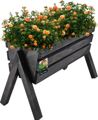 A wooden planter box filled with orange flowers on a white background.