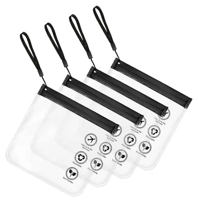 Zdjęcie produktu dla Zestaw 4 sztuk toreb podróżnych do samolotu - Wodoodporne - Przezroczyste - Z uchwytem - 20 x 20 cm - Wykonane w 100% z przetworzonego materiału EVA - Kosmetyczka podróżna