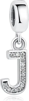 A silver charm in the shape of the letter 'J', adorned with clear crystals, is shown against a white background.