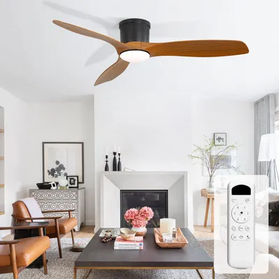 Image de Ventilateur de plafond de 132 cm, finition bois noir - avec éclairage et moteur DC - pour salon