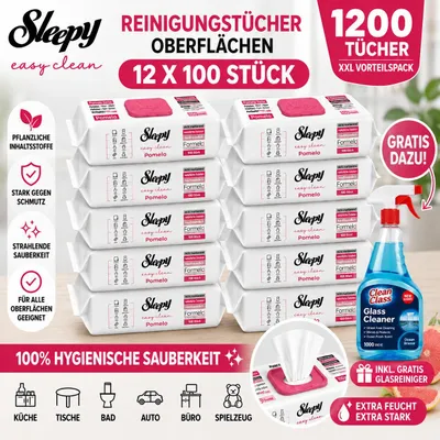 Produktbild von Sleepy Easy Clean Oberflächenreinigungstücher – 12x100 Pomelo + Glasreiniger GRATIS