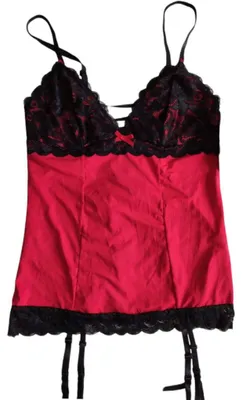 Immagine prodotto di Set di raso - Camicia da notte e pantaloncini - Pizzo - Intimo femminile - Rosso con nero