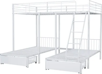 Produktbild von Etagenbett Dreibettzimmer 3 Betten Metall Platzsparend Schubladen Stauraum 140 x 200 cm 90 x 200 cm Weiß