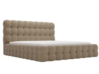A studio shot of a bed frame with a headboard and mattress.