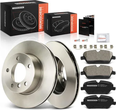Imagen del producto de Frankberg: 2 discos de freno y 4 pastillas de freno para el eje delantero, compatibles con BMW Serie 1 (E81, E87) de 2.0L y 1.6L, modelos de 2004 a 2011