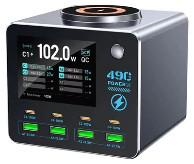 Obrázek produktu pro Nabíječka WLX-F1 140 W s technologií GaN a bezdrátovou nabíječkou, 8 portů (4x USB-C + 4x USB-A), rychlonabíječka s podporou PD/QC/PPS a displejem, zástrčka EU