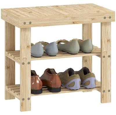 Produktbild von Schuhbank aus Bambus, Schuhregal mit 2 Ablagen, Sitzfläche, für Flur, Eingangsbereich, 50x28x45cm, Natur