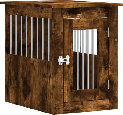 A wooden dog crate with metal bars and a latch.