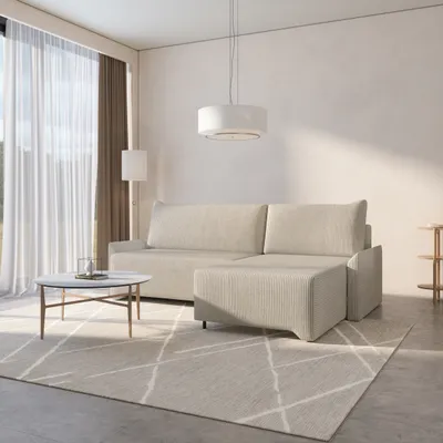 Produktbild von MOEBLO Ecksofa aus Cord – Ottomane beidseitig montierbar, Ecksofa , Couch für Wohnzimmer, Schlafsofa Sofagarnitur Sofa Eckcouch L-Form Cordstoff mit Bettkasten und Schlaffunktion - Ecksofa Rocky - Rechts, Creme (Poso 100)