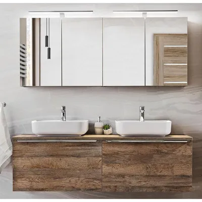 Image de Ensemble salle de bain double vasques blanches 160 cm + cabinets miroirs - Rosario Oak