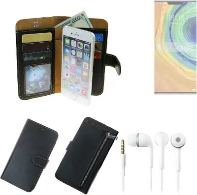Produktbild von TOP SET Handy Hülle Schutz Hülle kompatibel mit Huawei Mate 30 Pro  schwarz aus Kunstleder + Kopfhörer Smartphone Tasche vollwertige Geldbörse