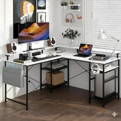 Image de Bureau d'angle 2 en 1, en forme de L – Bureau d'angle – Bureau gaming – Bureau de travail – Bureau pour le travail à domicile