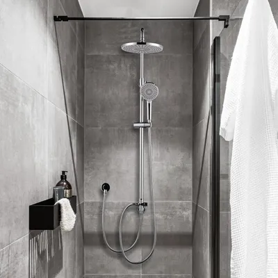 Image de Système de douche en acier inoxydable chromé, sans robinet, avec hauteur réglable, et pommeau de douche de 8 pouces