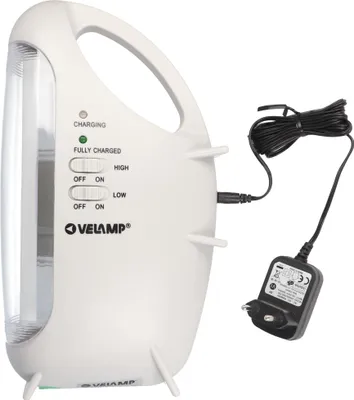 A white rechargeable lamp with its charging adapter.