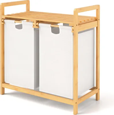 Produktbild von GOPLUS Wäschekorb 2 Fächer, Bambus Wäschesammler mit Ablage, Wäschebox Wäschesack Wäschesortierer ausziehbar und abnehmbar, 64 x 33 x 73 cm (Weiß)