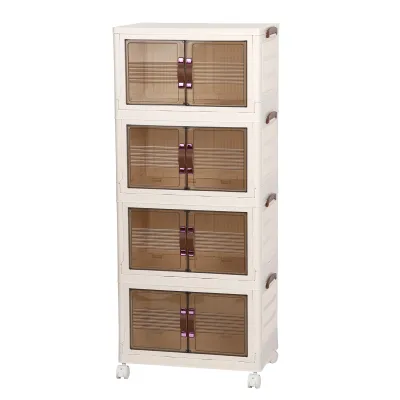 Produktbild von Schrank-Organizer, Aufbewahrungsbox mit Deckel, 4-lagig, stapelbare, zusammenklappbare Aufbewahrungsbehälter, Lagerschrank mit Rädern, sichtbarer Spielzeug-Aufbewahrungs-Organizer aus Kunststoff für Zuhause, wichtige Dinge im Wohnheim