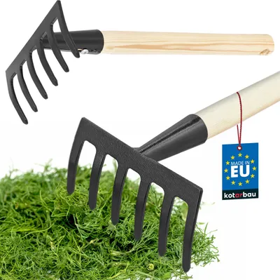 Produktbild von KOTARBAU® Gartenharke 33 cm mit 6 Zinken Kleine Stahl-Handharke zum Harken von Laub Gras Holzgriff