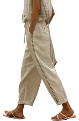 Immagine prodotto di Omgoods - Pantaloni estivi in lino, modello femminile, taglio ampio (lunghezza 7/8)