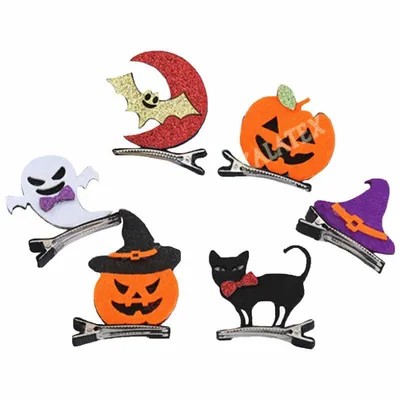 Immagine prodotto di set di 6 fermagli di Halloween, ciascuno di 6x5,5 cm, 6 motivi diversi: zucca con cappello, gatto, fantasma, cappello da strega, zucca e pipistrello con luna