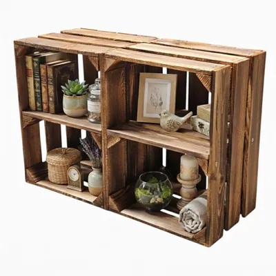 Obrázek produktu pro Dřevěná bedna s plameny 40x30x25cm - bedna na ovoce, regálová bedna s mezipodlahou a bez mezipodlahy