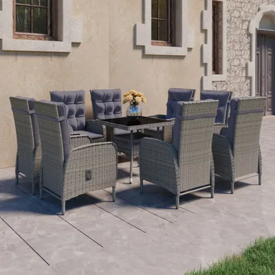Image de The Living Store 9 pcs. salon de jardin Poly rotin et verre Gris