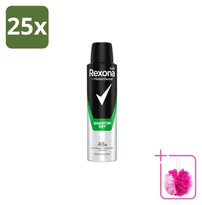 Imagen del producto de 25 aerosoles desodorantes Rexona Men Quantum Dry, 150 ml, pack ahorro, 25 unidades