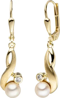 Produktbild von JOBO Ohrhänger 333 Gold Gelbgold matt 2 Süßwasser Perlen 2 Zirkonia Ohrringe