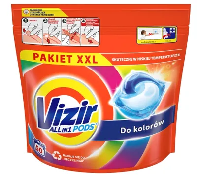 A pouch of Vizir Allin1 Pods for colored laundry.